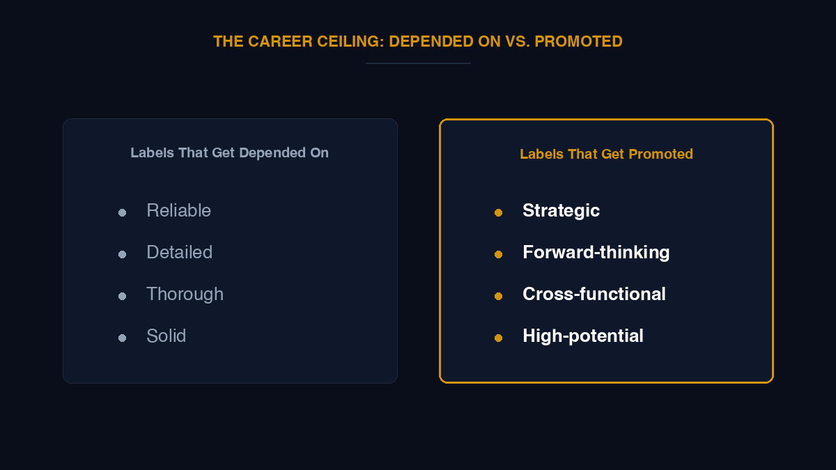 Labels that get depended on (Reliable, Detailed, Thorough, Solid) vs. labels that get promoted (Strategic, Forward-thinking, Cross-functional, High-potential)